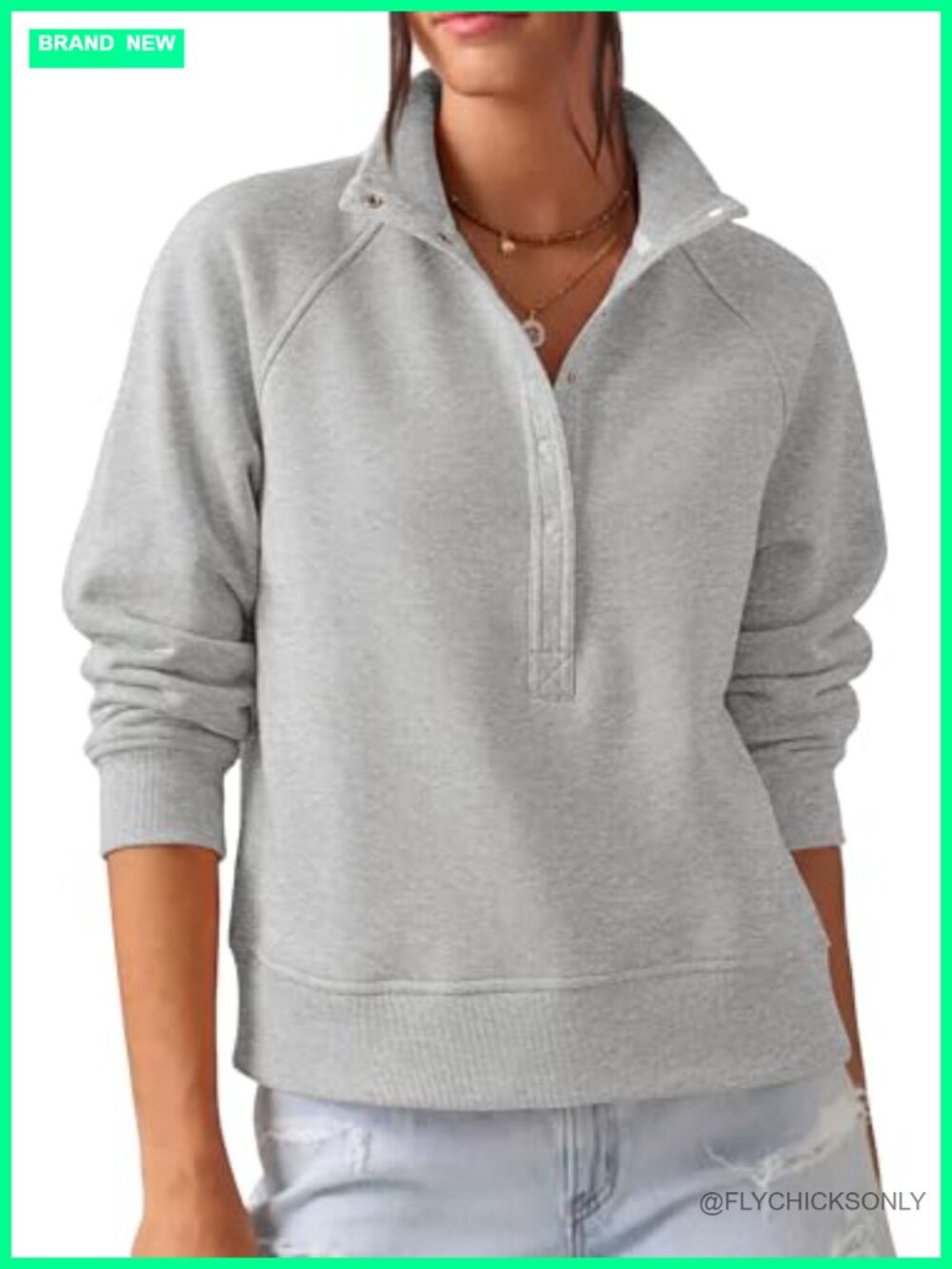 Oversized Mock Neck Henley Sweatshirt Raglan Sleeve Pullover Button Up